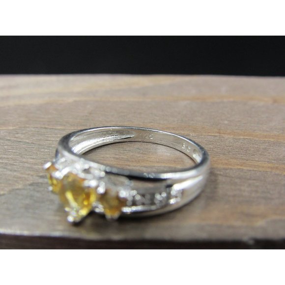 Size 6 Sterling Silver Triple Heart Citrine And Diamond Accent Band Ring Vintage - Picture 5 of 8